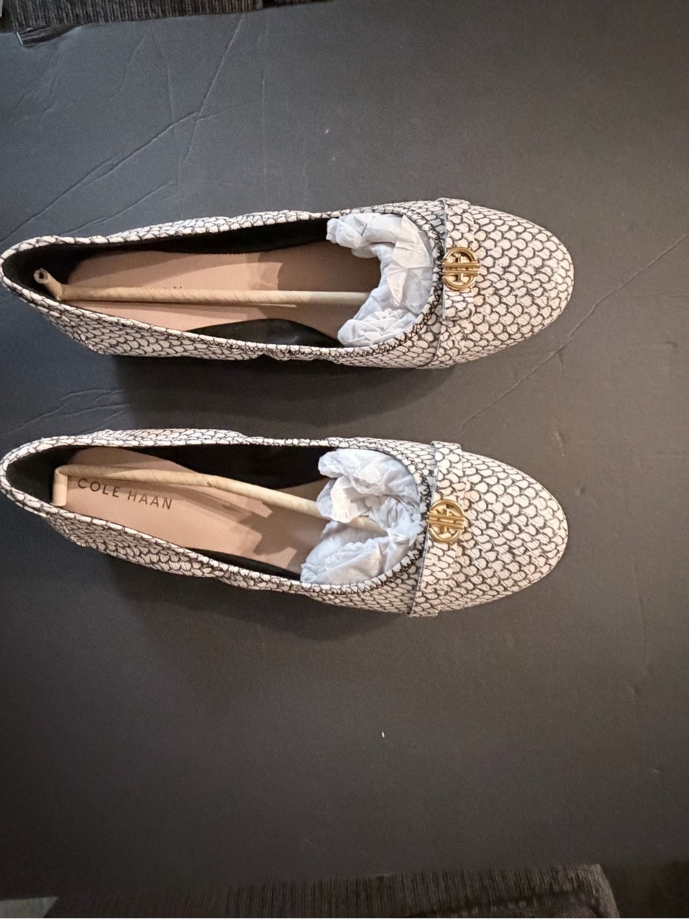 Cole Haan Cream and Black Patterned Loafers with Gold Accent